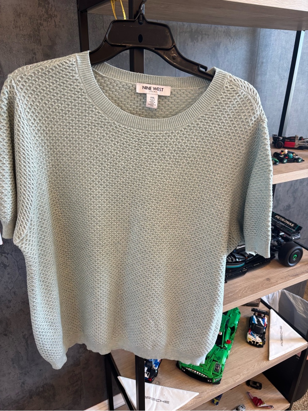 Nine West Mint Green Short Sleeve Textured Crewneck Sweater